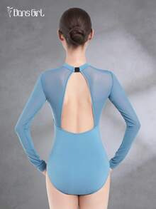 DonsGirl Women's Long Sleeve Elegant Ballet Leotard - Stretchy Mesh Patchwork, V-Neck Design - Suitable For Dance Wear, Figure Skating, And Stage Performance - 霧霾藍 - 查看 11