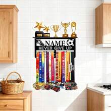 1pc Customized Metal Sports Medal Display Rack - 12 Hooks & Display Platform Can Hold 60+ Medals, Engraved With Name/Event, With "Never Give Up" Inspirational Design Elegant Wall-Mounted Sports Trophy Organizer - Home Decor For Football Honors & Achievements, Medal Hanging Display Rack, Modern Stylish, Perfect Gift For Christmas, Valentine's Day, Mother's Day, And Graduation - Multicolor - View 3