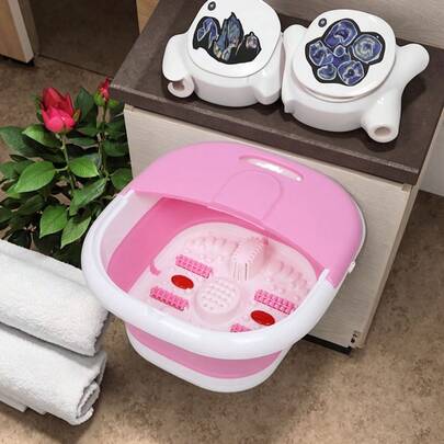 1 recipiente plegable para baño de pies, masajeador de pies con terapia de burbujas, masajeador infrarrojo para pies, rodillo, masajeador portátil eléctrico y plegable para pies, bañera de plástico para uso doméstico. Función combinada de baño de pies y masaje, mejora la circulación sanguínea en los pies, ayuda a mejorar el color del rostro y favorece el sueño. Bañera plegable portátil para uso en hogar o viaje, disponible en color rosa/gris.