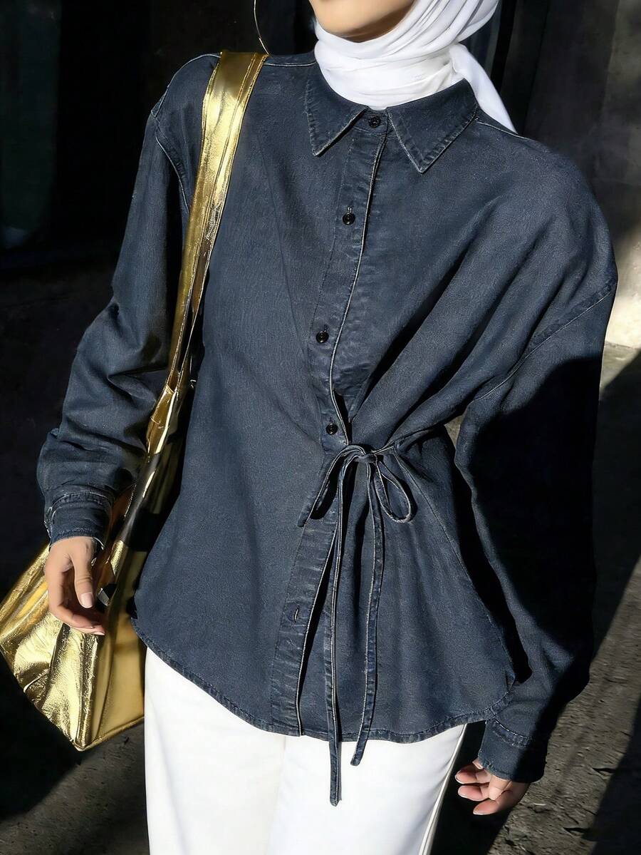 DAZY 女式前扣前系带长袖牛仔上衣 - 深色水洗藍 - 查看 1