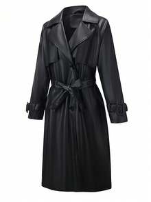 Women's Spring/Autumn PU Leather Long Jacket, Fashionable Lightweight Windbreaker With Adjustable Waist Belt - Versatile Commuter Coat - Black - View 8
