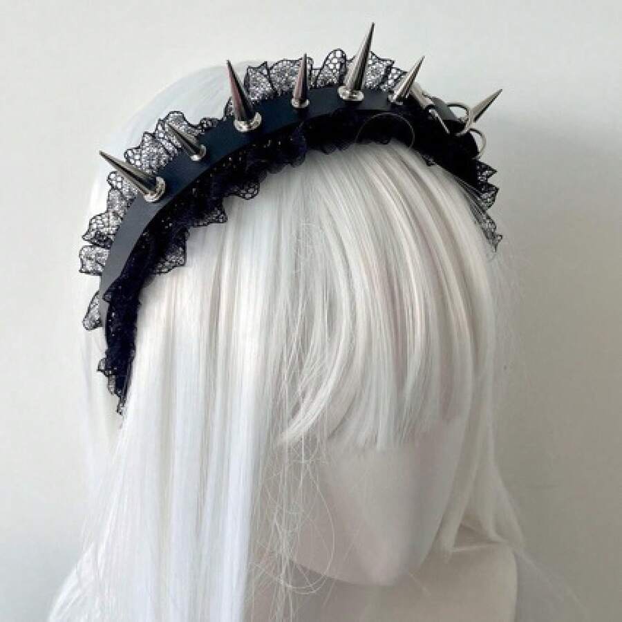 パンク スパイク レース ヘアバンド 個性的 アンダーグラウンド リベット ヘアバンド Y2K ミレニアル 甘くクール ダーク ゴシック 髪飾り - ブラック - チェックする 1