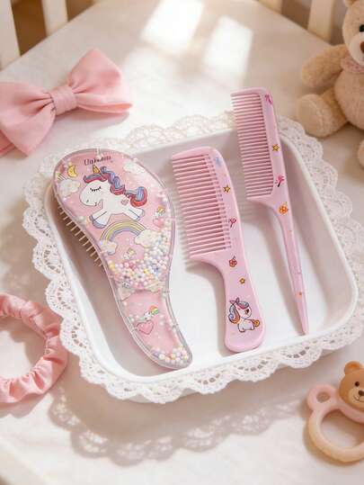 3pcs Cartoon Comb Set, Children Printed 3 PiecesUnicorn Comb Set, Cartoon Pointed Tail Comb Hair Brush