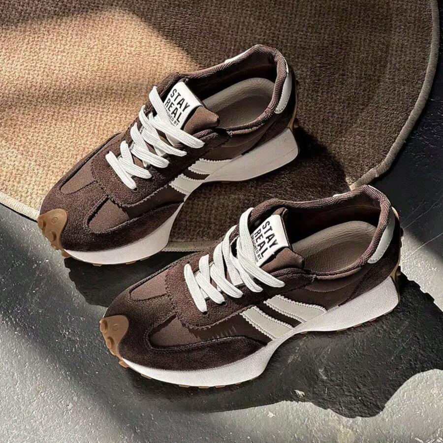 Women's Retro Contrast Color Low-Top Sports Shoes - Breathable Fabric Upper, PU Shock-Absorbing Insole & Wear-Resistant TPR Outsole - Lightweight And Comfortable For All Seasons - màu nâu - Xem 1