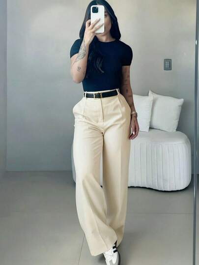 Pantalones de pierna ancha y cintura alta para mujer, pantalones de oficina casuales y elegantes, pantalones rectos de unicolor y sueltos, pantalones casuales diarios cómodos y suaves, pantalones de trabajo minimalistas y de moda para primavera/otoño