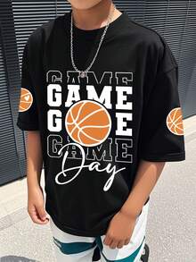 青少年男童运动风篮球休闲字母图案套头圆领T恤，夏秋新款男童服装 - 黑色 - 查看 1