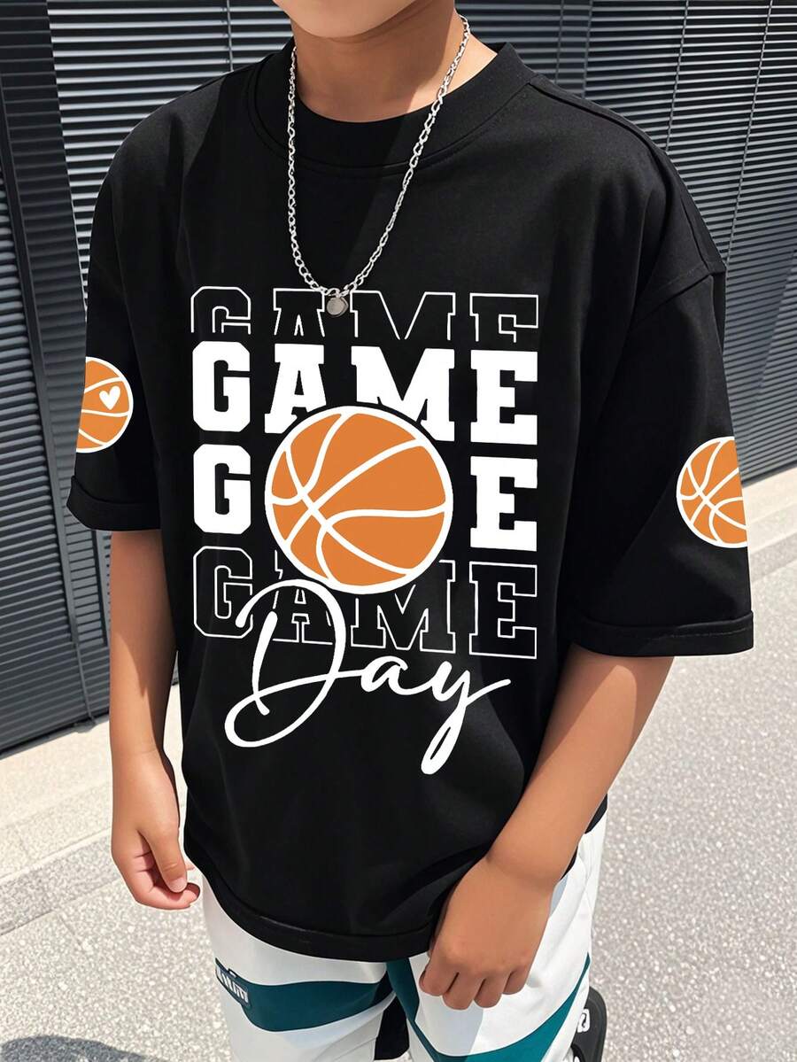 青少年男童运动风篮球休闲字母图案套头圆领T恤，夏秋新款男童服装 - 黑色 - 查看 1