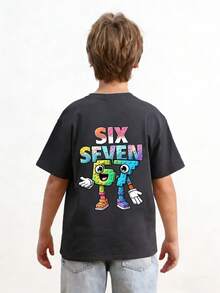 Adolescente - Camiseta con estampado de cómic "SIX SEVEN-Italian Brain" con los números 6 y 7 coloridos, adecuada para uso diario, ropa urbana, campus, versátil y casual para el verano. - Verde Oliva - Ver 9