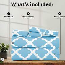 Lux Decor 4-Piece Quatrefoil Bed Sheet Set, Soft Brushed Microfiber Bedding With 16-Inch Deep Pocket Fitted Sheet, Breathable Hotel Luxury Sheets And Pillowcases, Fade And Wrinkle Resistant Bedding For Bedroom, Guest Room And Dorm - 水藍色 - 查看 6