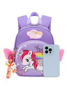 1pc Cute Cartoon Backpack For Elementary And Middle School Girls, Lightweight Little Horse Pattern Design, Reduces Burden, With Rabbit Pendant, Essential For Back To School Season - Purple - View 3