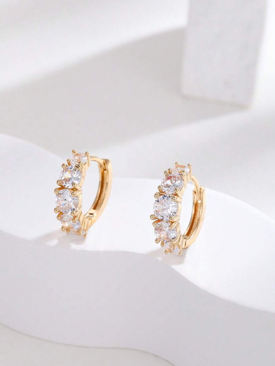 1 Pair Elegant Shiny Pearlescent High-End Cubic Zirconia Hoop Earrings, Versatile For Parties And Daily Wear - Gold - View 1