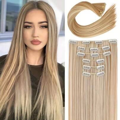 【夹式合成接发】6片装 24英寸 渐变浅金色蜂蜜色 夹式长直合成接发 - 厚实发片 自然柔软合成纤维 双层缝制 女性专用