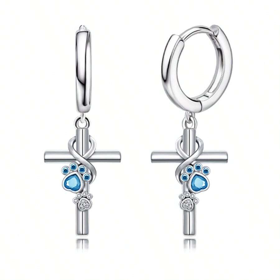 925纯银立方氧化锆十字架耳环，狗爪耳环，低过敏性优雅耳环，适合女性日常佩戴，生日礼物 - 銀色 - 查看 1