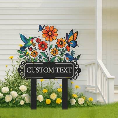 1pc Personalized Metal Garden Sign With Custom Name/Text And Numbers - Heavy Duty Iron Outdoor Yard Marker, Colorful Floral And Bird House Numbers, Lawn, Patio, Porch Address Plaque - Durable Ground Decor