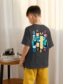 Camiseta de manga corta con cuello redondo y estampado casual para niños preadolescentes y estudiantes, top de verano - Gris Oscuro - Ver 2