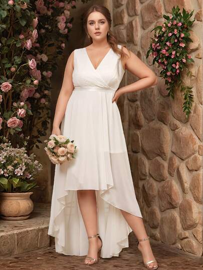 Women Plus Size Elegant Solid Color Chiffon Zipper Front Short Back Long Crossed Bridal Shower Wedding Dresses For Bachelorette Party Engagement Brunch Honeymoon Reception Rehearsal, Wedding Party, Wedding Guest, Cocktail, Date, Spring Summer Autumn