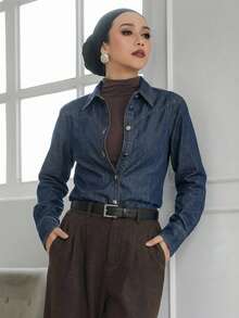 Livesso Women's Collared Cinched Waist Fitted Casual Denim Jacket - Dark Wash - View 2