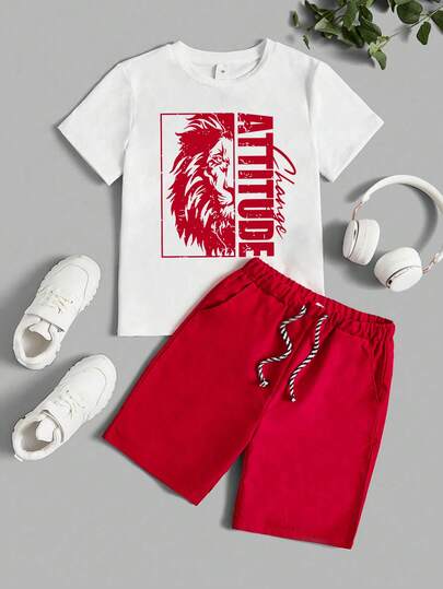 2pcs/Set Toddler Boys' Casual Cartoon Print Short Sleeve T-Shirt And Shorts Set