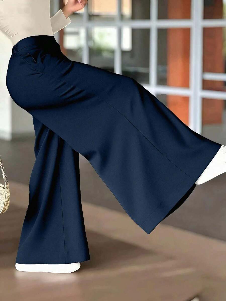 Women's Premium Loose Casual Floor-Length Wide Leg Pants For Autumn Commute - Navy Blue - View 1