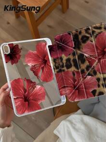 Kingsung Flowers & Leopard Print Pattern Y-Shaped Folding Dual-Sided Sprayed Acrylic Transparent Crystal Tablet Case Compatible With Samsung Tablets/IPad Mini6/7/9.7/10.2/10.5/10.9/12.9/Pro 11, 10th Generation, Protective Cover Supports Multi-Angle Adjustment, Six Ways To Place The Bracket, Built-In Pen Slot,Transparent Back Cover, Anti-Drop Protection, Automatic Wake/Sleep - Multicolor - View 2