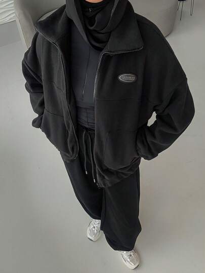 Livesso 女士纯色贴花抓绒拉链常规款外套，冬季女式外套