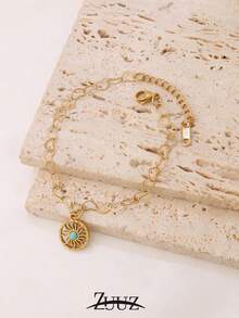 1pc Fashion Stainless Steel Colorful Natural Stone Round Sun Pendant Bracelet For Women Heart Chain Bracelet Jewelry Gifts Suitable Daily Wear - Bracelet - View 5