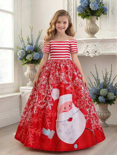 少女长款缎面印花优雅派对连衣裙，适合正式场合，面料印花设计随机裁剪，不含发带