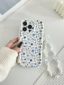 Floral Painted Cream Wavy Edge Glossy Printed Protective Phone Case With Handmade Beaded Bracelet Accessory, Compatible With IPhone, Compatible With Galaxy, Compatible With Redmi,International Version, Not The Domestic Version - Multicolor - View 3