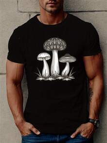 Summer Casual Short Sleeve Shirt, Men's Shirt With Mushroom Print - Black - View 12