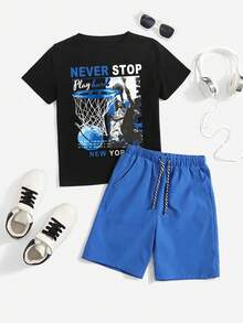 Tween Boys' Casual Fashionable Street Sporty Daily Commute Basketball Player Slogan Print Short Sleeve T-Shirt And Drawstring Waist Shorts Set, Summer - Blue - View 1