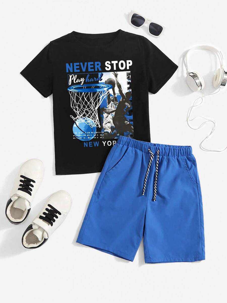 Tween Boys' Casual Fashionable Street Sporty Daily Commute Basketball Player Slogan Print Short Sleeve T-Shirt And Drawstring Waist Shorts Set, Summer - Blue - View 1