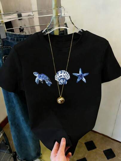 Plus Size Women's Casual Crew Neck Sea Turtle & Shell Print Short Sleeve T-Shirt, Versatile For Everyday Wear