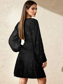 1pc Shiny V-Neck Lantern Sleeve Party Dress With Romantic Sequin Patchwork, Suitable For Party, Birthday, Date Night, Music Festival - Black - View 2