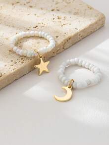 2pcs/Set Minimalist Glass Bead Star & Moon Rings, Personalized Rings Suitable For Daily, Party, Festival, Ramadan, Eid Al-Adha In Middle East - Gold - View 6