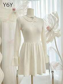 [Y6Y] Spring New French Romantic Bowknot Long Sleeve Knitted Pleated Mini Dress For Women - White - View 4