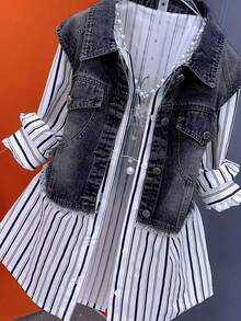 Letter Plain Casual Button Front Pocket Button Stage & Concert - 白色 - 查看 3