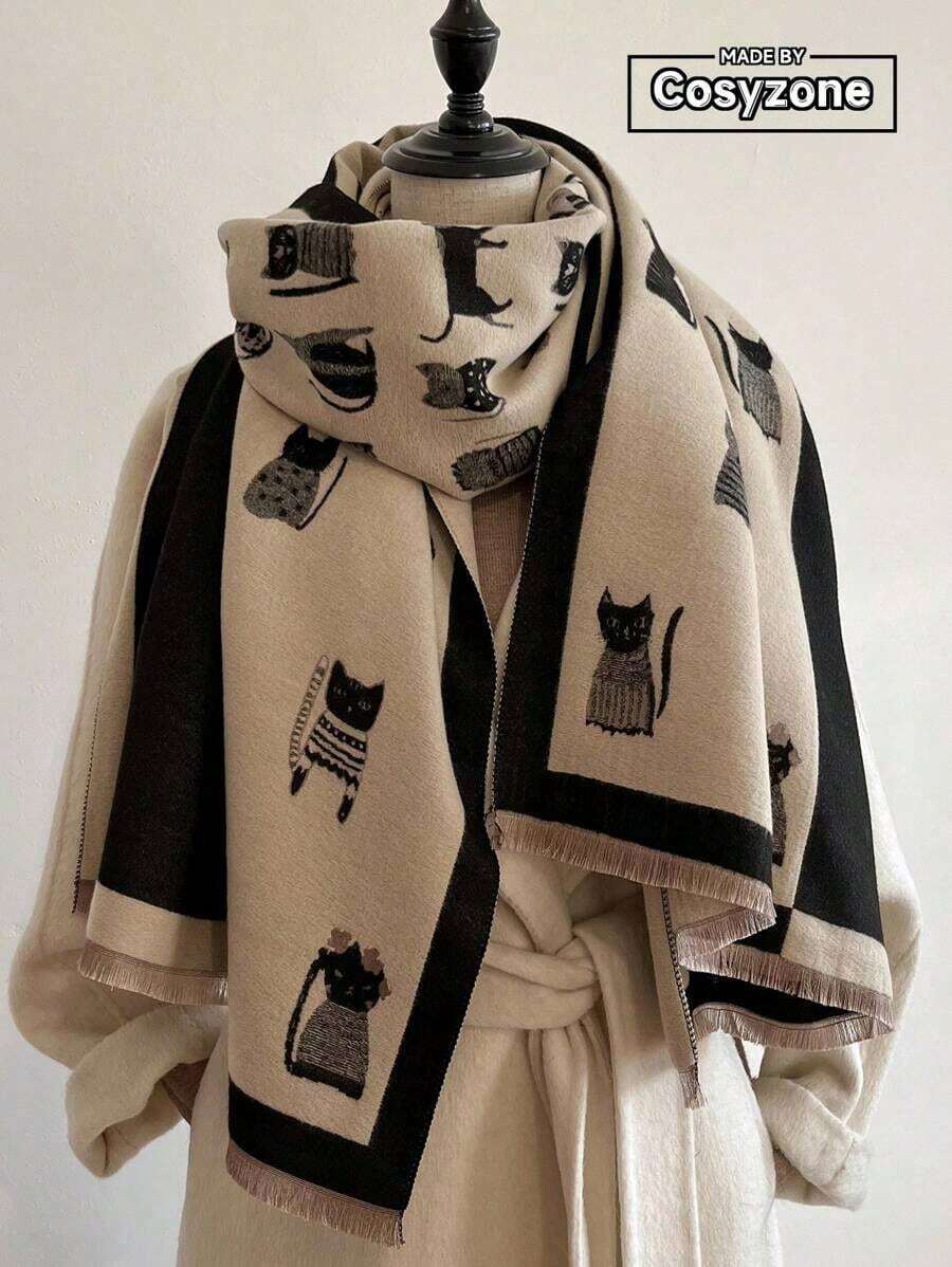 1pc Women Faux Cashmere Cartoon Cat Jacquard Fashionable All-Match Thick Air Conditioning Shawl Autumn/Winter Outerwear Scarf For Daily Wear Accessories Women - 咖啡棕色 - 查看 1