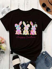 Women's Colorful Rabbit Easter Bunny T-Shirt, Spring Festival T-Shirt, Casual Daily Wear - Black - View 3