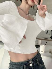 Sweater Wanita Model Baru Warna Polos Lengan Lebar Leher Persegi Pas Badan - Putih - View 4