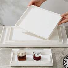 1pc White Faux Wood Grain Rectangular Serving Tray, Restaurant Hotel Beverage Tray, Hotel Toiletries Display Plate - White - View 4