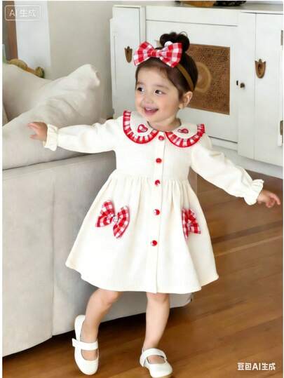 女婴红白格子蝴蝶结装饰连衣裙+发带，甜心领，休闲日常装