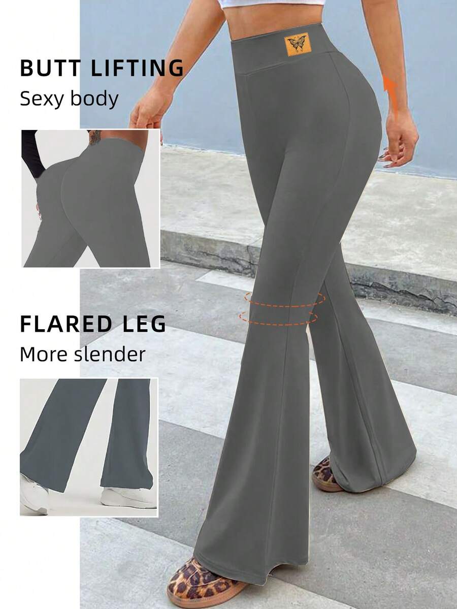 1pc Women's High Waist Flare Pants With Butterfly Pattern - Grey - View 1