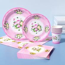 Pink Lace Flower Disposable Plate, Napkin, Cup Set, Plates, Napkins And Cups Party Supplies, Serves 8 Guests, Disposable Paper Plates Party Tableware Suitable For Birthday, Wedding, Theme Party, Family Picnic - Multicolor - View 3