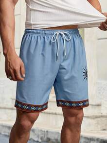 Men's Waffle Geometric Pattern Elastic Waist Drawstring Beach Shorts - Multicolor - View 2