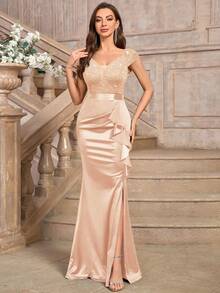 MIUSOL Deep V-Neck Sequin Lace Ruffle Hem Satin Maxi Evening Party Dress Wedding Spring - Champagne - View 2