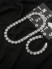 Set de 2 accesorios de hip hop y rap para hombres, con diamante cuadrado, enchapado en oro/plata con rhinestones, collar y pulsera, accesorios para boda, fiesta y uso diario - Conjunto de dos piezas de collar - Ver 2