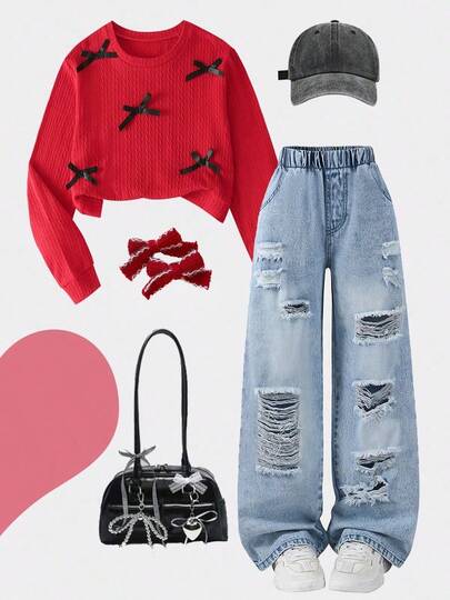 2件套女童休闲日常蝴蝶提花上衣和做旧浅色水洗牛仔裤