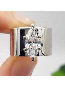 Minimalist Wide Band Zirconia Plated White Gold Vintage Elegant Ring, Suitable For Daily Wear - Silver - View 2