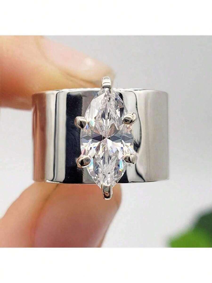 Minimalist Wide Band Zirconia Plated White Gold Vintage Elegant Ring, Suitable For Daily Wear