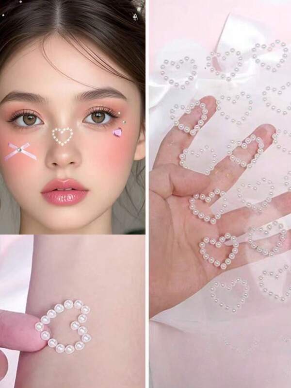 2片心形珍珠脸部装饰水钻贴纸，3D极简鼻梁化妆贴纸，适合演唱会、舞台表演、儿童和女性使用。